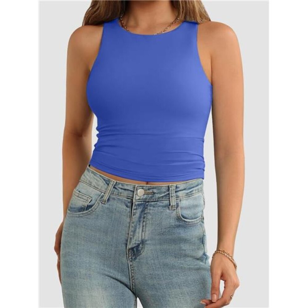 Women's Double Lined Crop Tank Tops Casual Basic Shirts Sleeveless Blue - Picture 2 of 6